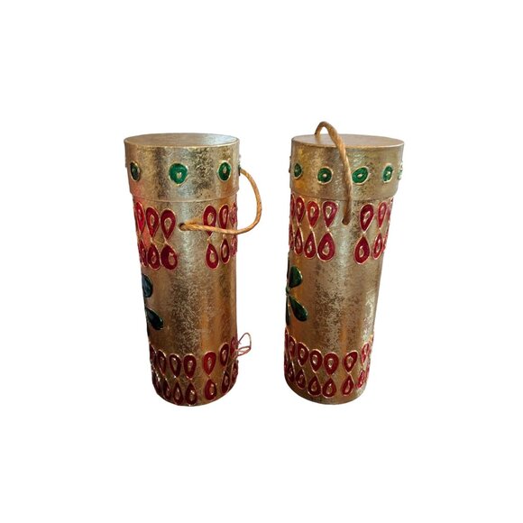 Christmas Handcrafted Decorative Gold Cylindrical Storage Containers Red Green - Picture 4 of 8